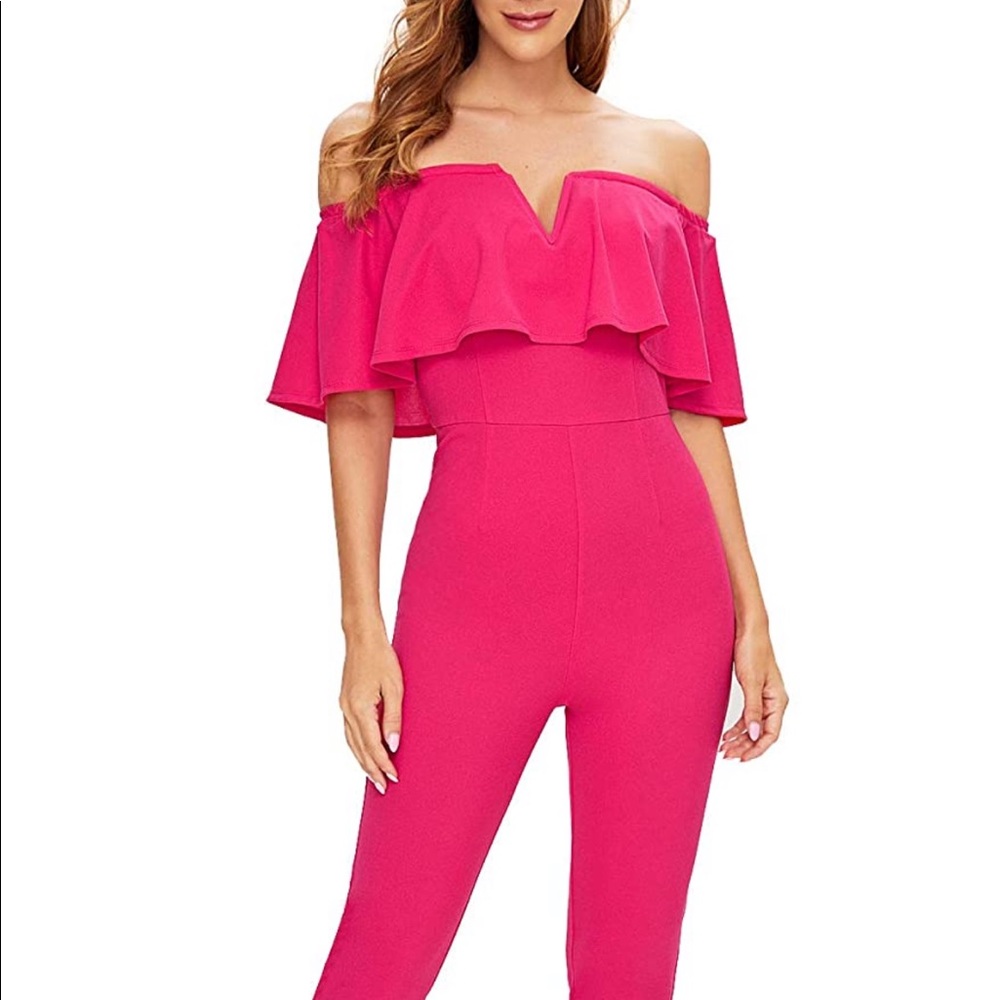 Hot-pink off the shoulder jumpsuit